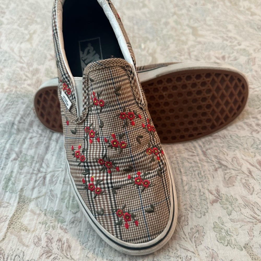 Vans Brown Checkered Floral Slip-On Flats